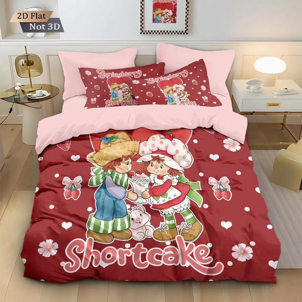 3D Cute Girls Strawberry Shortcake Bedding Set Colorful Cartoon Strawberry Girl Pattern Duvet Cover Pillowcase Home Decor Room