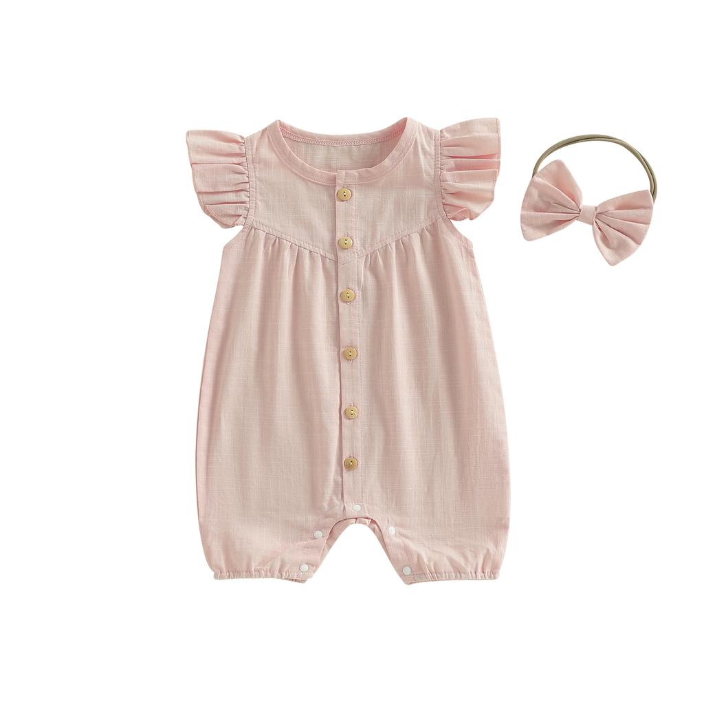 Citgeett Summer Infant Baby Girl Outfit Solid Flying Sleeve Romper Bow Headband Casual Clothes Set
