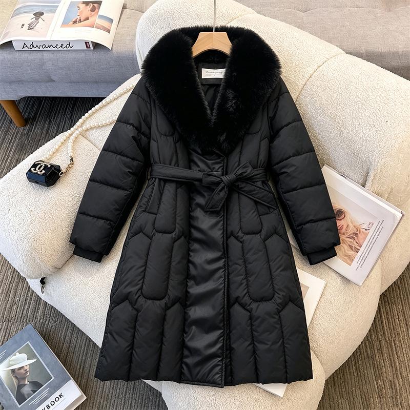 Winter new long cotton-padded clothes are fashionable and versatile, simple big fur collar, women's warm belt, foreign style