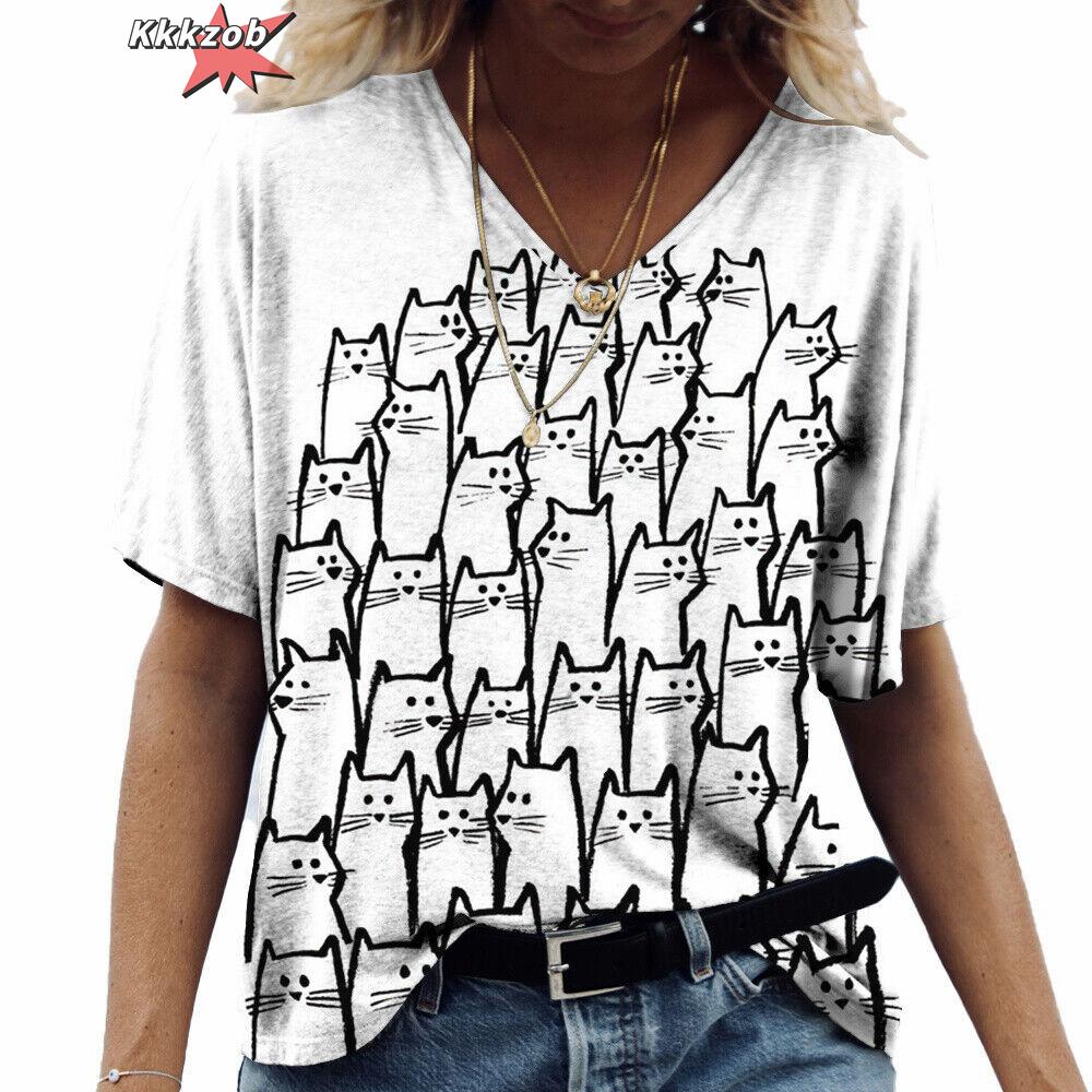 

Футболка с принтом мультяшного кота, летняя, с коротким рукавом, V-образным вырезом, кавайная, повседневная, модная, с рисунком котенка, женская футболка, забавная, женская одежда 5XL