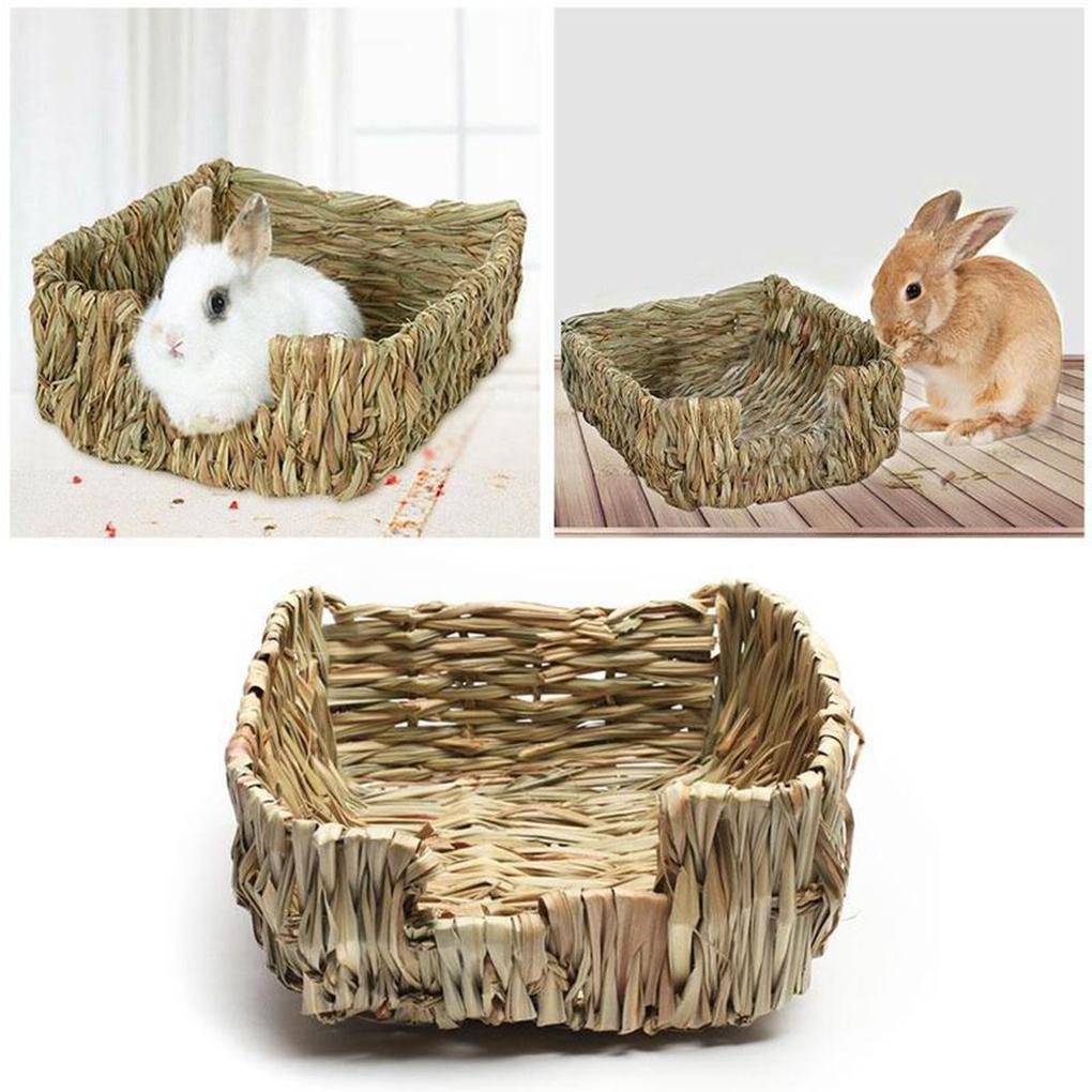 Woven Straw Nest Rabbit Guinea Pigs House Rectangular Shape Pet Cage Accessories Cottage Chew Toys Playing Nesting Bed