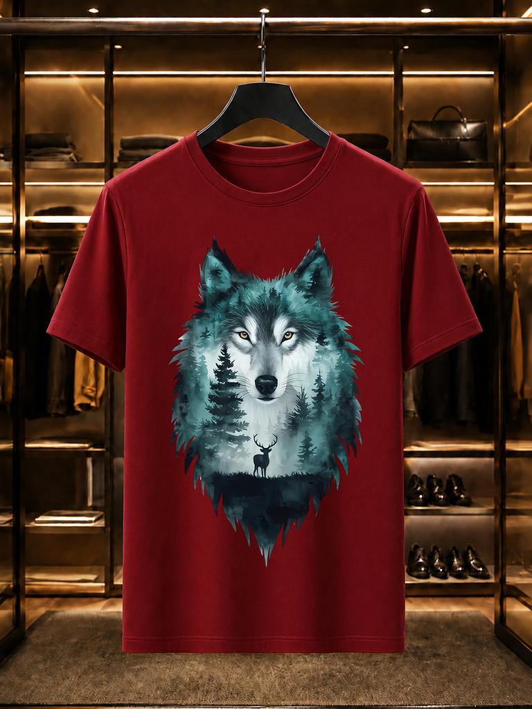2026 New Arrival 100 Cotton Tshirt Double Exposure Wolf Head Forest Elk Print Crew Neck Casual Short Sleeve