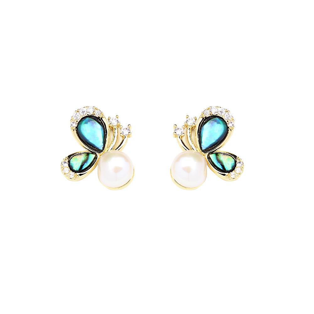 New product, sweet retro abalone shell butterfly earrings temperament diamond-set natural freshwater pearl stud earrings 925 silver needle women