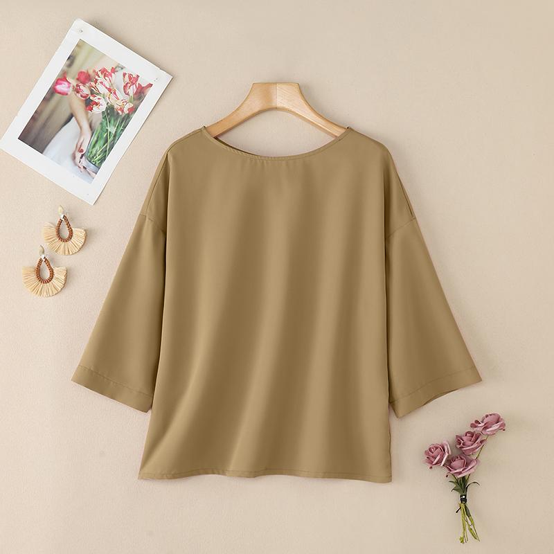 

ZANZEA Женская летняя повседневная блузка с круглым вырезом, однотонная, с рукавами 3/4, свободного кроя 5XL хаки