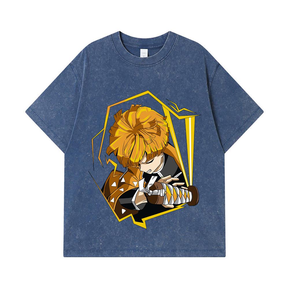 275 GSM Washed T-shirts 100 Cotton Demon Slayer V109 Zenitsu Print Unisex Heavy Cotton T Shirt 2XL королевский синий 2290₽