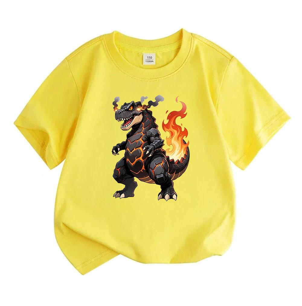Kids Boys Girls 100% Cotton Crew Neck Short Sleeve T-shirt, Cool Lava Fire Dinosaur Print Casual Soft Breathable Tee Top for Daily Play and School Wea