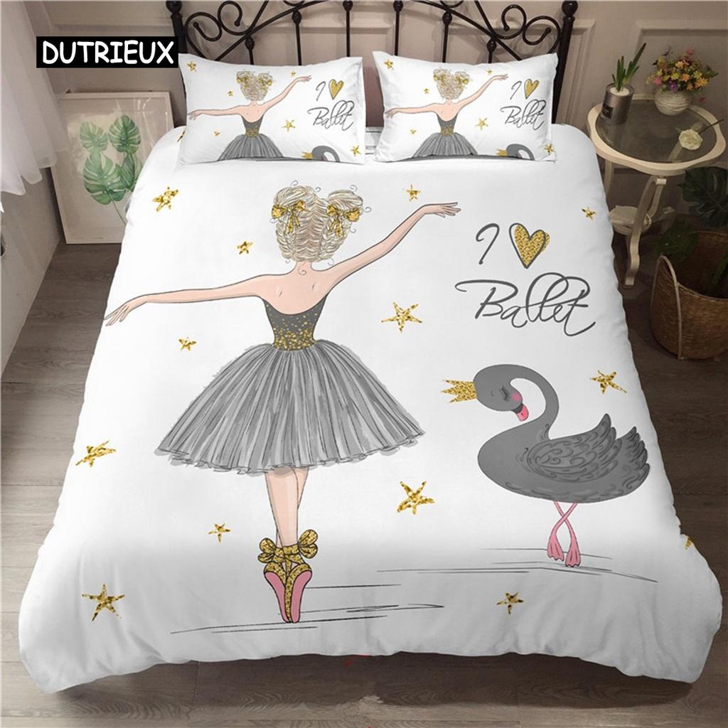 Ballet Dancing Girl Duvet Cover Set Cartoon Ballerinas Girl Bedding Set for Kids Teens Microfiber Double Queen King Quilt Cover