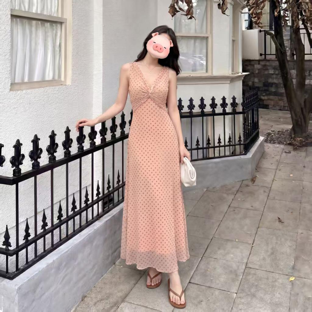 French Retro Blue Polka Dot V-neck Sleeveless Long Dress, Summer Lazy Wind Atmosphere, Island Vacation Wear Long Dress