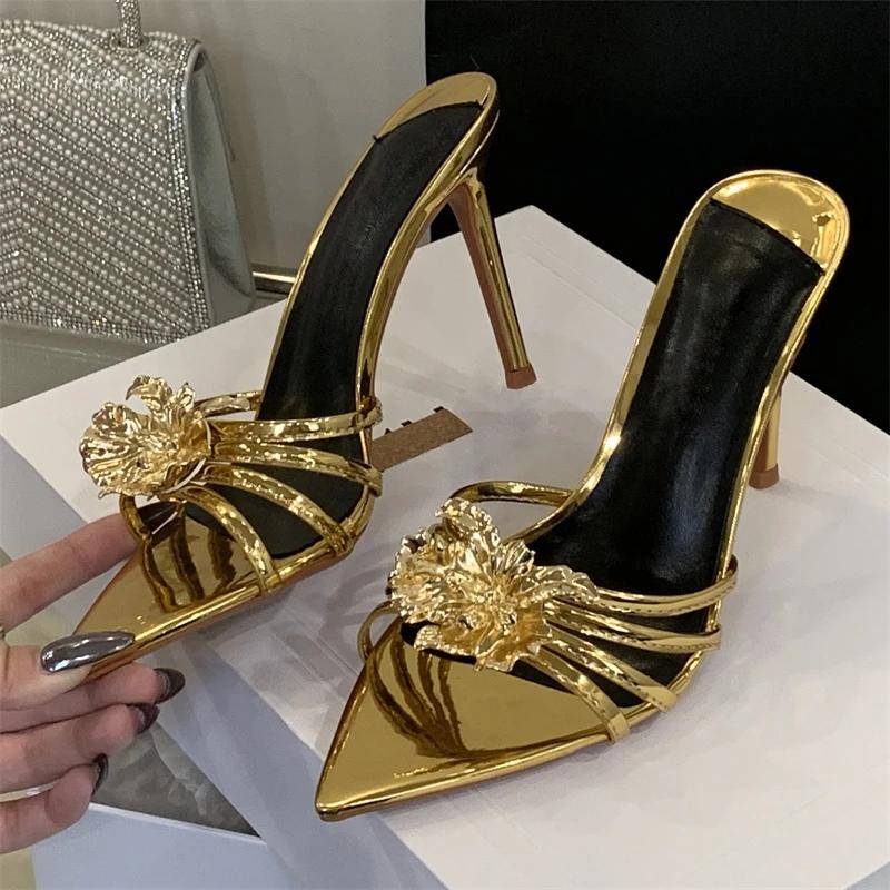 Fashion Eilyken Summer Design Metal Flower Narrow Band Pointed Toe Women Slippers Thin Heels Party Prom Slide Shoes Zapatillas De Mujer