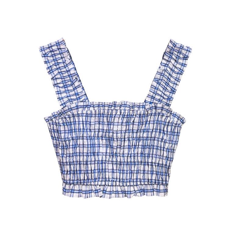 

Сине-белый клетчатый топ-камзол с бусинами + Юбка с высокой талией Large