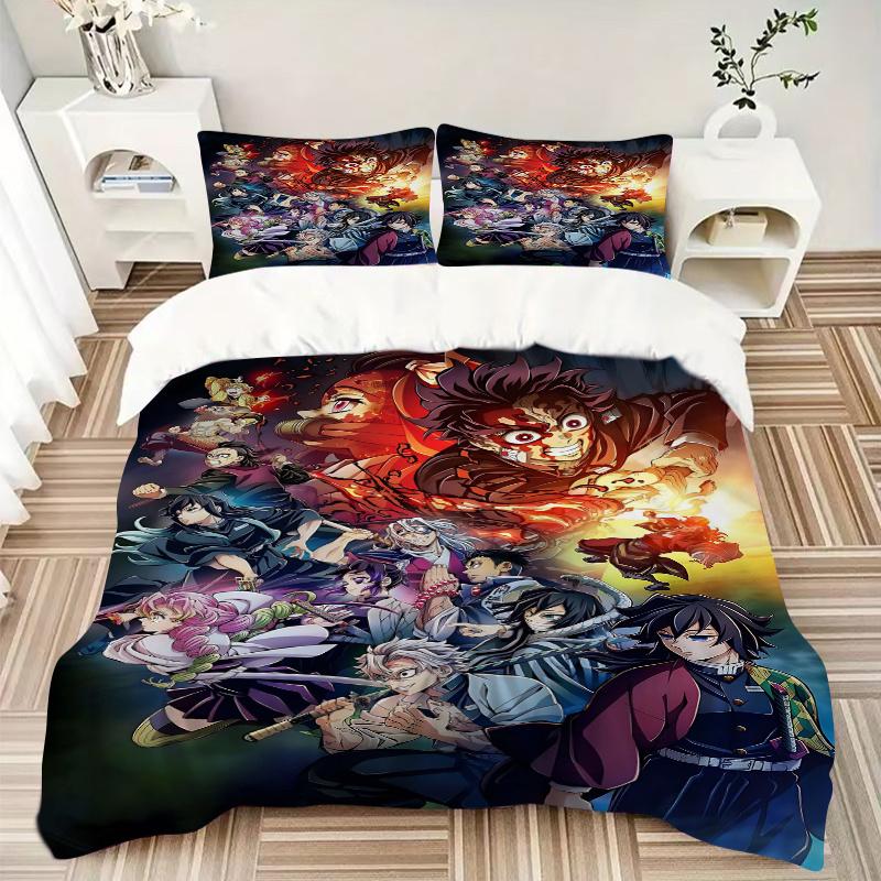 3pcs Cartoon Demon Slayer Quilt Set - Soft and Comfortable Bedroom, Guest Room and Dorm Decor Bedding Set 1 Quilt Cover + 2 Pillowcases.L008