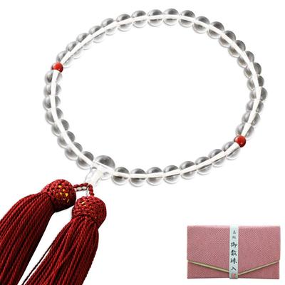 Prayer Beads for Women Pure Silk Head Tassel Genuine Rock Crystal 2-Tenma Agate Kyoto All Sects with Prayer Bead Pouch Set Japan