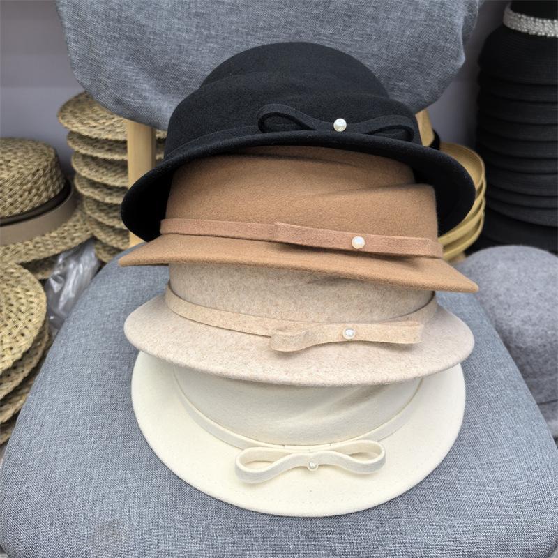 French fragrant Hepburn style wool hat bow curled top hat women's autumn and winter square face basin hat winter British top hat
