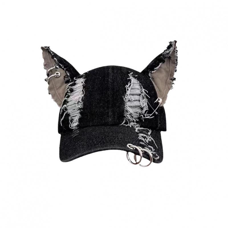 Designer y2k Wasteland-style personalized denim baseball cap with iron rings and holes, women's street-style cap with 3D ears