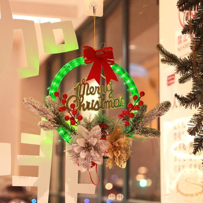 LED Lighted Christmas Wreath Decor, Festive Hanging Ornament for Window Display, Party Atmosphere Decoration Props
