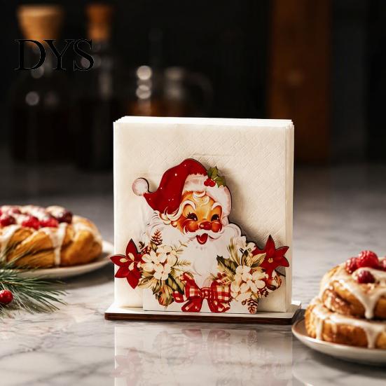 Christmas Party Table Decor Napkin Holder, Wooden Tissue Dispenser, Cute Santa Claus Xmas Standard Size Holder Tree Freestanding Cocktail for
