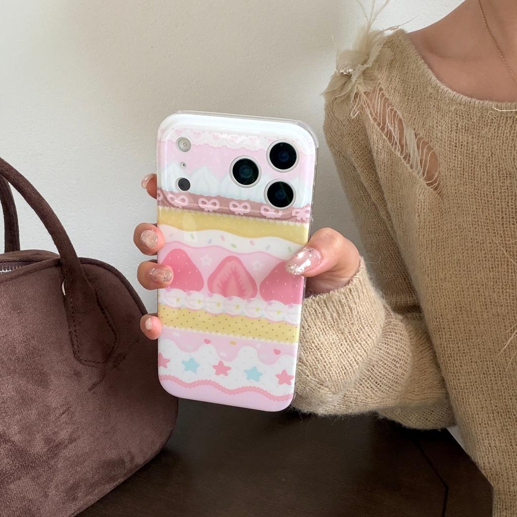 Sweet Cute Girl Series Lace Bowknot Cream Strawberry Cake Stars Shock Proof Phone Cover Case for iPhone 17 16 15 14 Pro Max