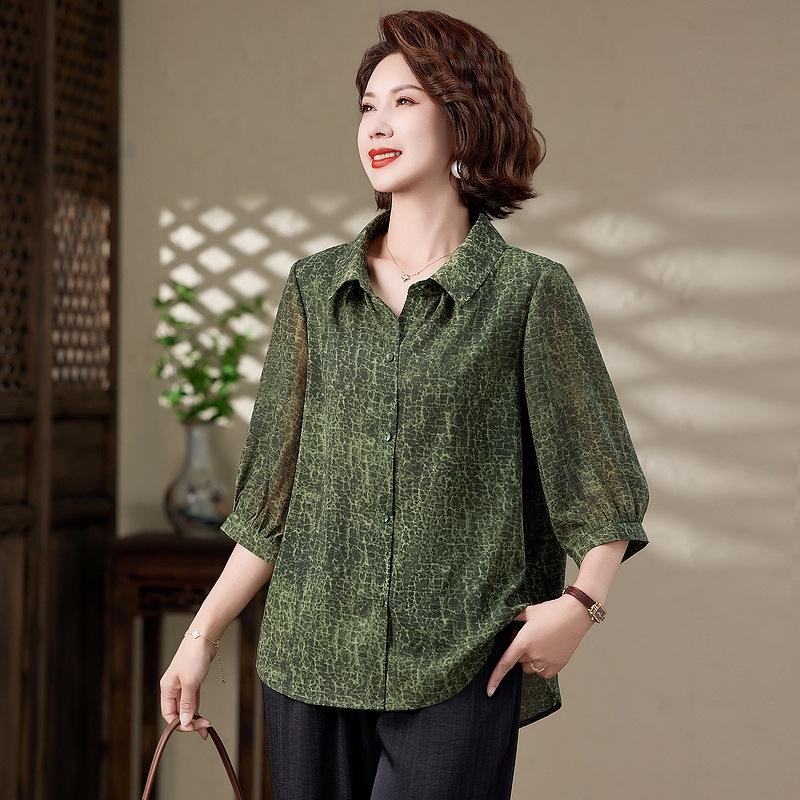 

Women s Plus Size Loose-Fit Summer Shirt with 3/4 Sleeves - Stylish and Slimming for Mature Women 3XL (115-130 jin) зелёный