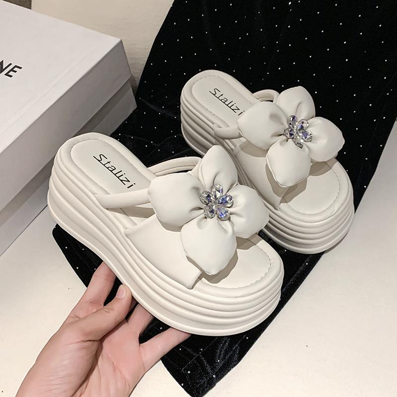 Fashion 8CM High Heels Slippers Women 2025 Summer New Thick-Soled Ladies High Platform Flower Beach Sandals Flip Flops Shoes