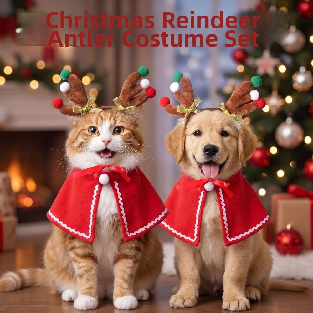 2PCS/Set Warm Christmas Pet Antler Cape Set Lightweight Dog Christmas Costume  Small Dogs Cats