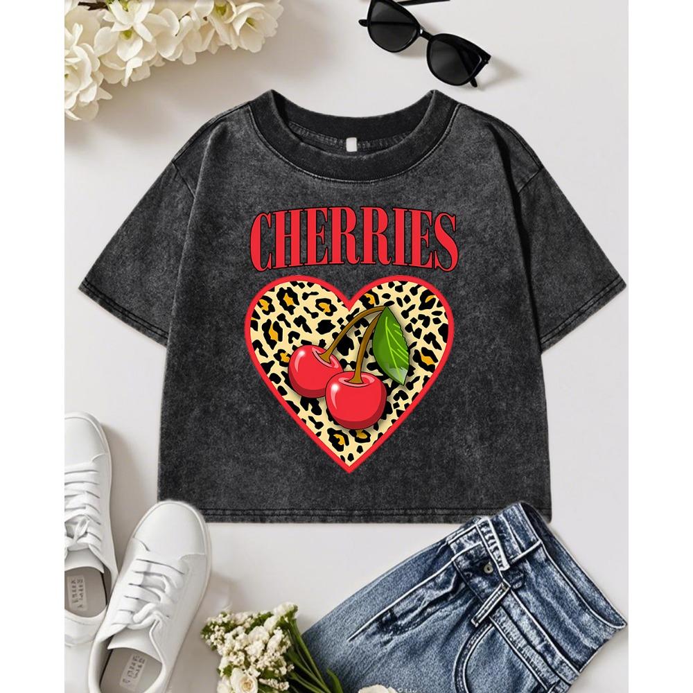 Love Leopard Print Cherries Printing Women Washed Crop T Shirt Summer Cotton T-Shirt Clothes Slim Streetwear
