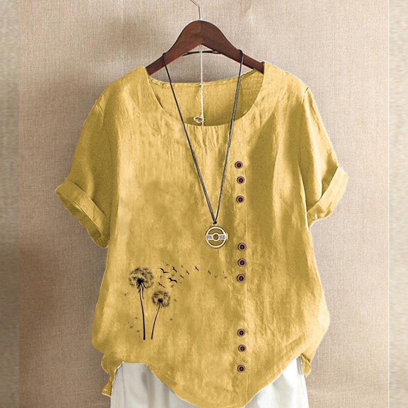 

Женская модная черная футболка с коротким рукавом с принтом одуванчика, свободная хлопковая рубашка, повседневная свободная летняя блузка, топы больших размеров 5XL жёлтый