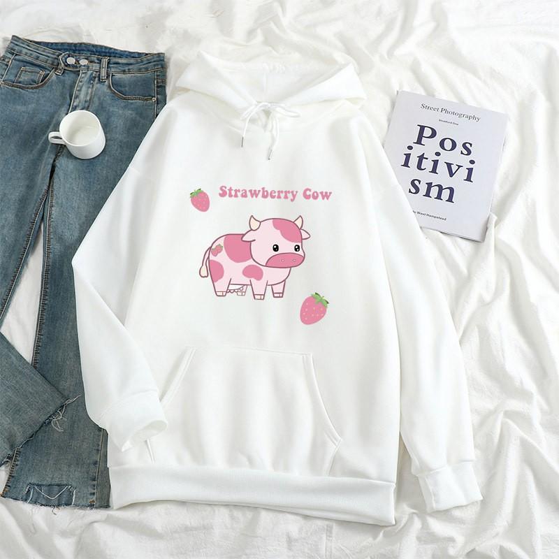Womens Strawberry Milk Print Hoodie Long Sleeve Cute Harajuku Style Loose Fit Sweatshirt