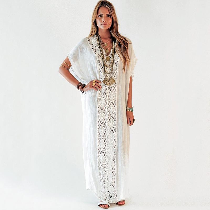 

Длинное пляжное платье-накидка из вискозы с жатой фактурой, пэчворком и кружевом One Size