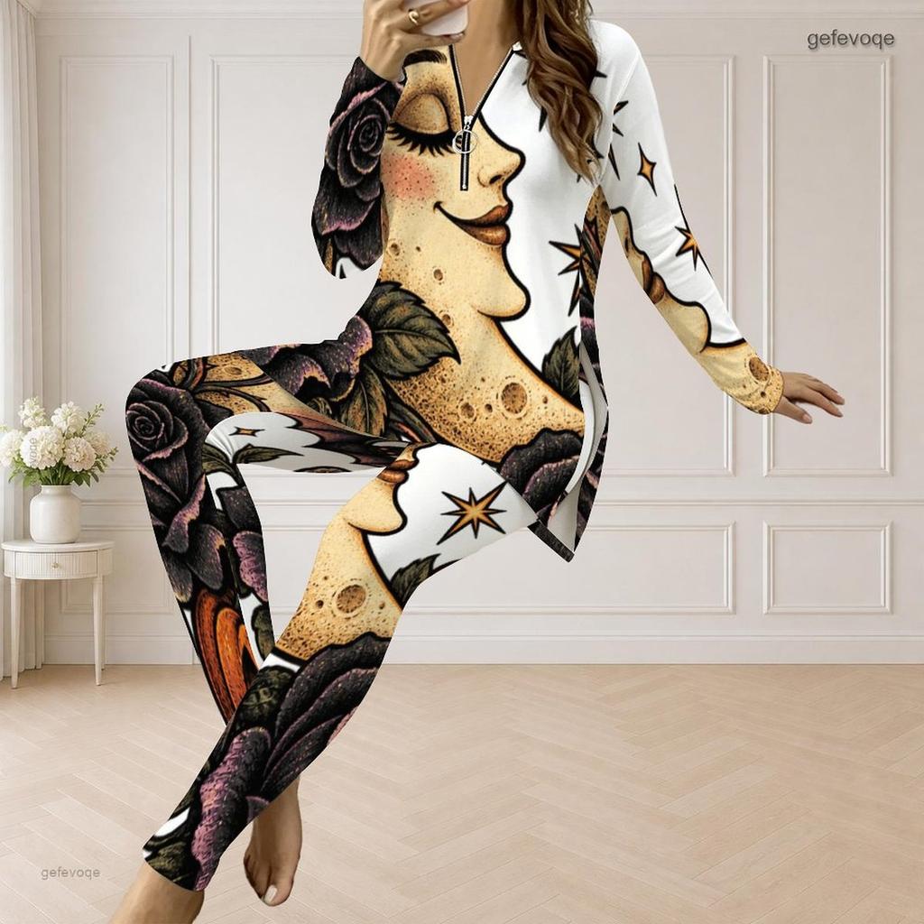 Women Plus Size Printed Half Zip Long Sleeve Longline Top Fitted Pants Two Piece Set