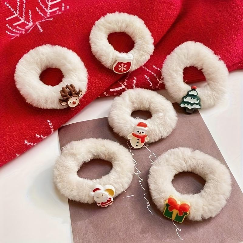 6pcs Cute Christmas Hair Ties - Plush Elk & Snowflake Design, Soft Hair Bands for Women, Festive Holiday Hair Accessories