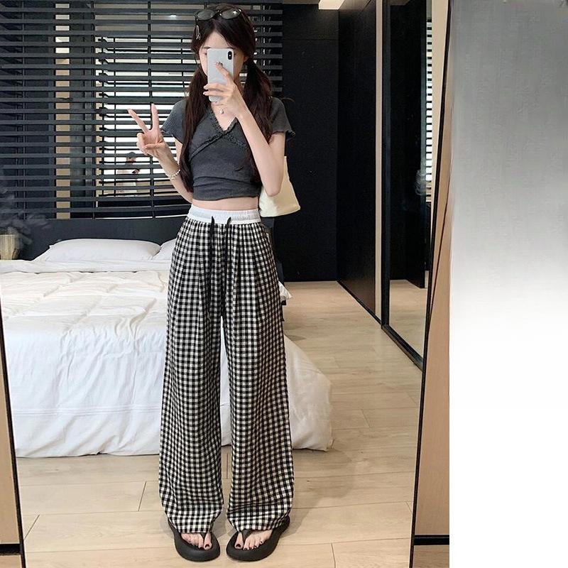 

Розовые клетчатые брюки Женские летние тонкие новые с высокой талией прямые повседневные свободные широкие брюки XL