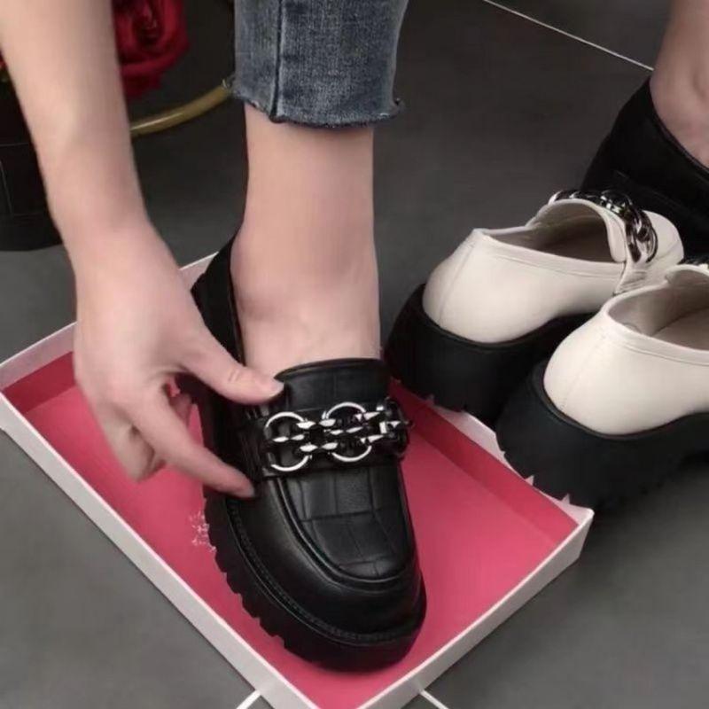 Outdoor Walking Chunky Loafers Women Genuine Cow Leather Platform Shoes Round Toe Metal Chain Slip on Ladies Flats Handmade
