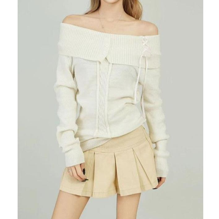 Vintage Elegant Streetwear Knitted Pullover Women Korean Fashion Sexy Bow Bandage Slant Neck Slim Fit Sweater Solid Color Chic