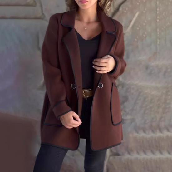 Fall Spring Women Jacket Loose Turn-down Collar Pockets Double Button Closure Warm Double-sided Woolen Coat Mid
