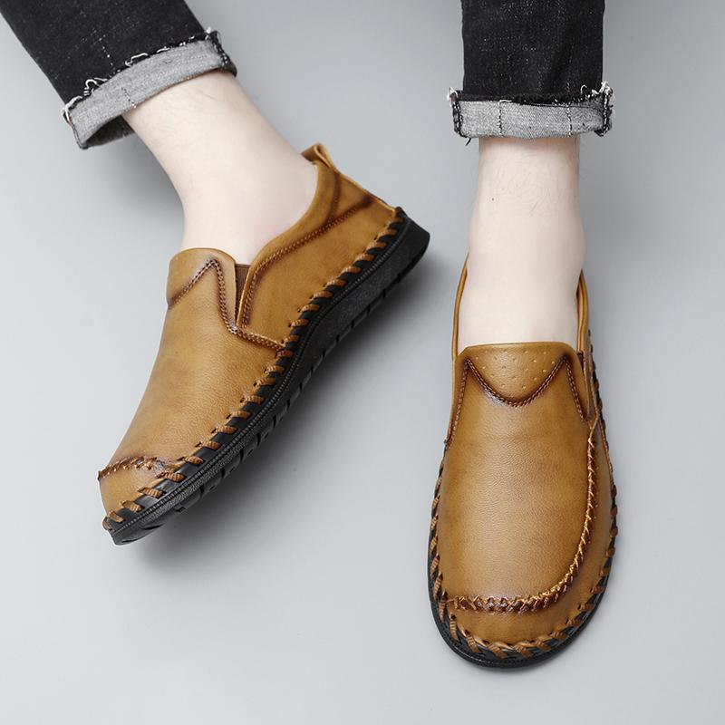 Men Brown Slip on Moccasins Hiking Shoes Black Flats Driving Shoes Blue Handmade Casual Wide Head Shoes Plus Size