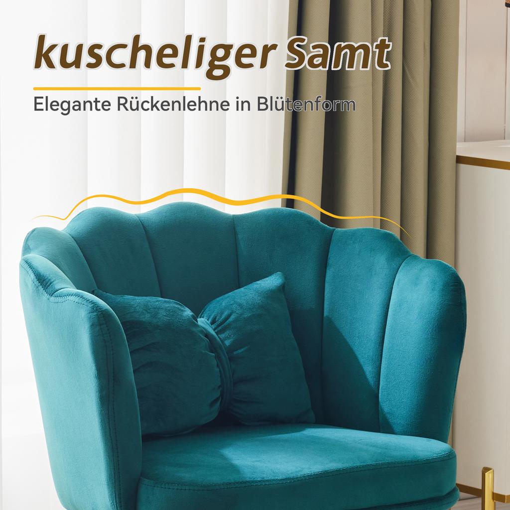 Moderner Samt-Wohnzimmer-Sessel, Polsterstuhl mit Blütenrückenlehne und vergoldeten Metallbeinen und Schmetterlingskissen für Schlafzimmer/Esszimmer