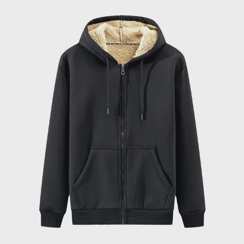 Lambskin Hooded Zipper Sweater: Men's Warm & Versatile Autumn/Winter Cardigan with Plus Velvet Thickening.