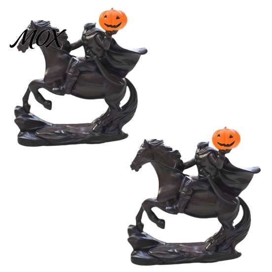 Horseman Riding Horse Statue Halloween Headless Statue, Gothic Knight Black with Window Display Props Pumpkin Lantern, Spooky Resin Festive Decor for