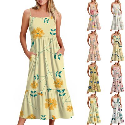 Women's Long Beach Casual Elegant Spaghetti Strap Maxi Dress Floral Low-key Flowing Bohemian Dress