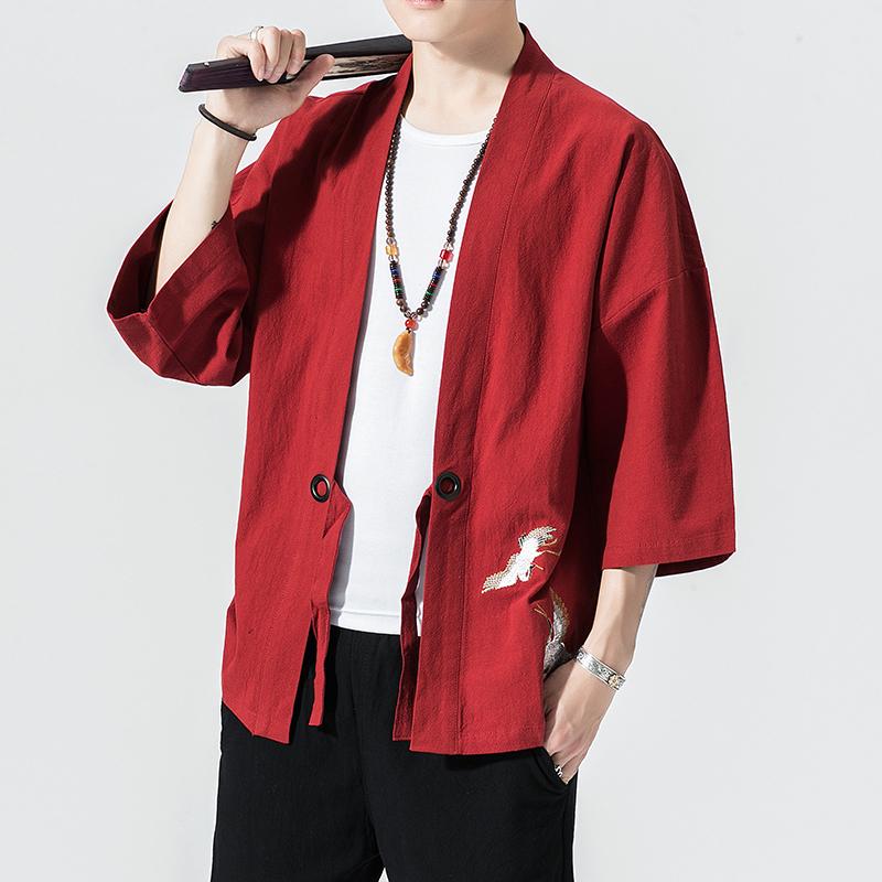 Kimono con Ricamo Tsuru Stile Giapponese Harajuku Taglie Forti Costume da Samurai Uomo Yukata Abbigliamento Asiatico Cardigan Giacca