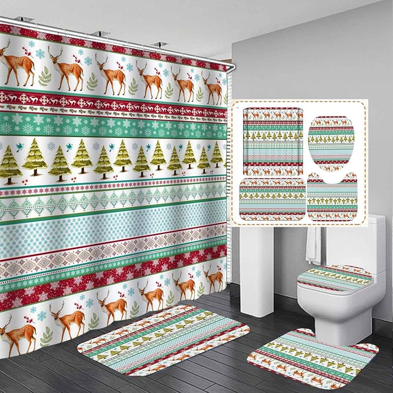 4PCS Cute Reindeer Christmas Shower Curtain Sets with Rugs, Waterproof Fabric Red Shower Curtain, Cartoon Deer Elk Xmas Tree Green Fir Plant