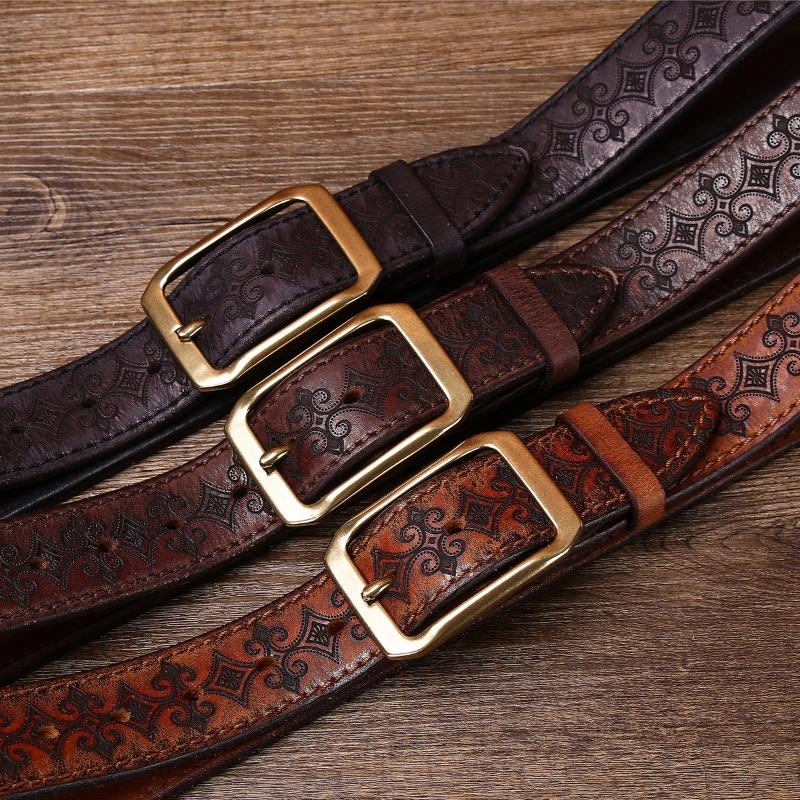 Belt Men's Copper Pin Buckle Thickened First Layer Cowhide Men's Genuine Leather Retro Engraved Export Belt Locomotive Men's Models