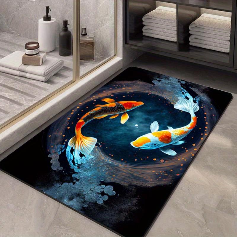 Koi Fish Design Non-Slip Polyester Carpet Chair Mat, 800g/m2 Crystal Velvet, Durable, Machine Washable, Fatigue Resistant Rug
