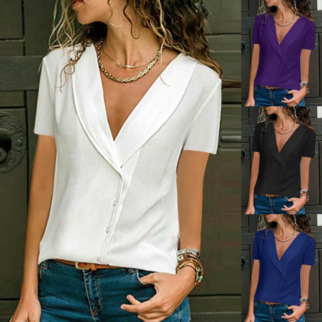 Fashion V Neck Short Sleeve Plain Regular Blouses