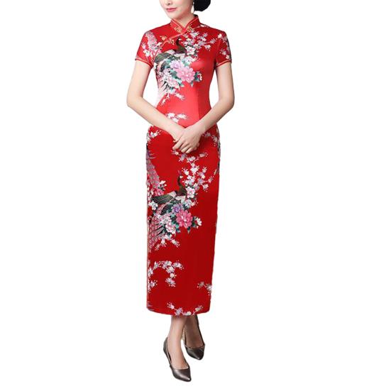 Women Dress Chinese National Style Floral Print Stand Collar Short Sleeves High Side Split Chinese Knot Buttons Cheongsam Satin Silky Slim Fit Summer