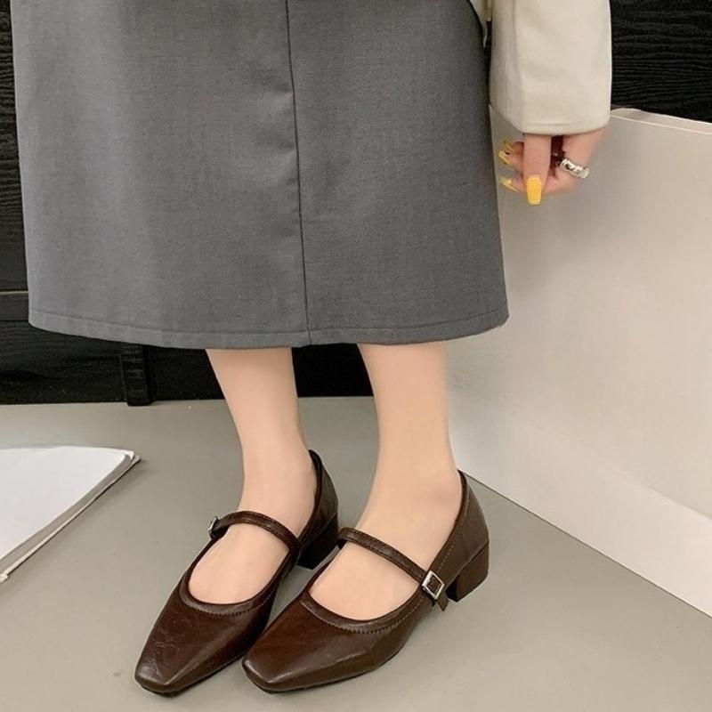 Modă 2025 Pantofi de damă cu toc primăvară toamnă Mary Jane damă vârf pătrat pantofi simpli decoltați din piele rochie petrecere pantofi cu toc gros