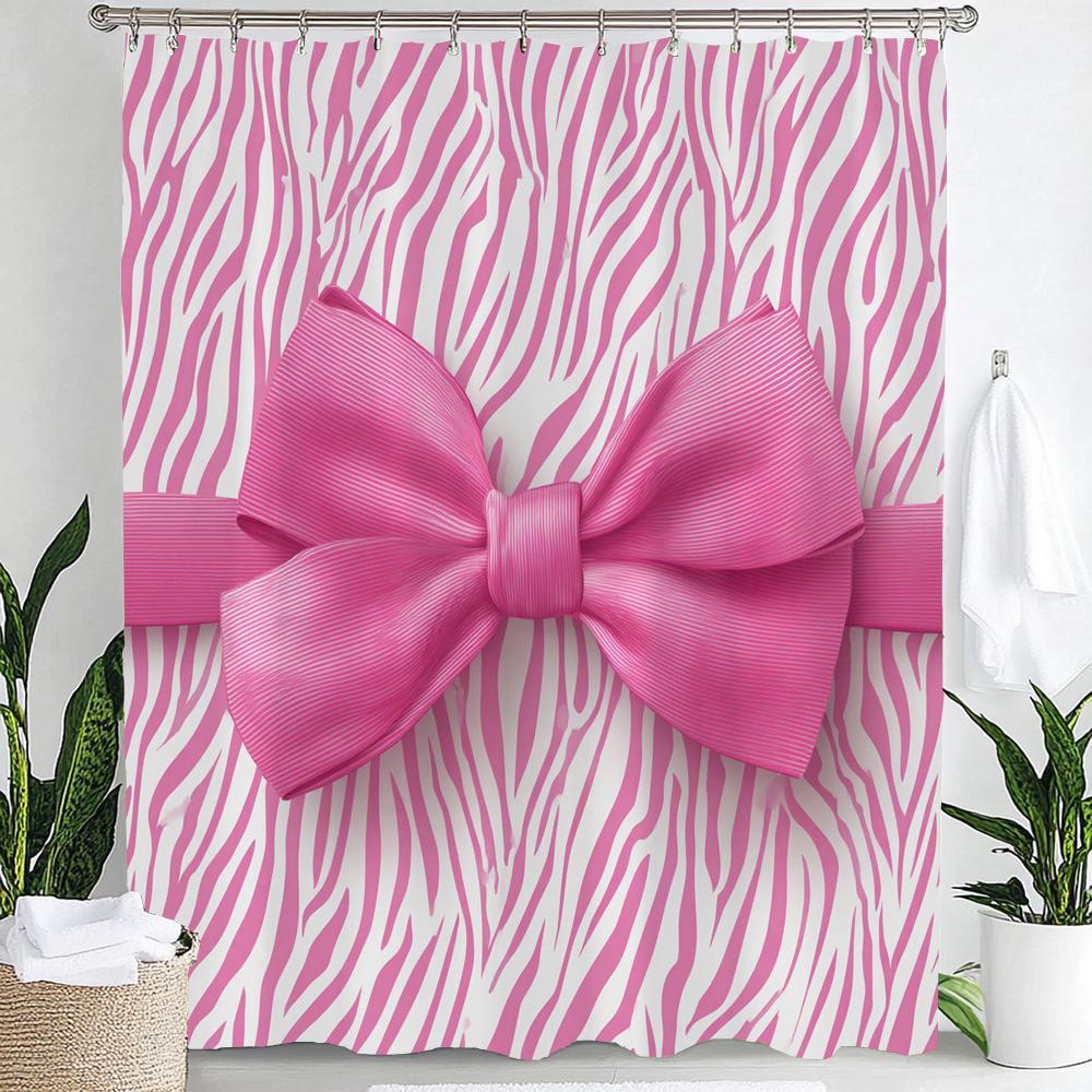 1Pc Romantic Pink Bow Print Waterproof Shower Partition Privacy Hanging Curtain With 12 Hooks Multiple Size Machine Washable