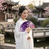 Retro Japanese Shell Folding Fan Shell Shape Flower Pattern Handheld Fan Wooden Handle Delicate Chinese Style Fan Photo Props