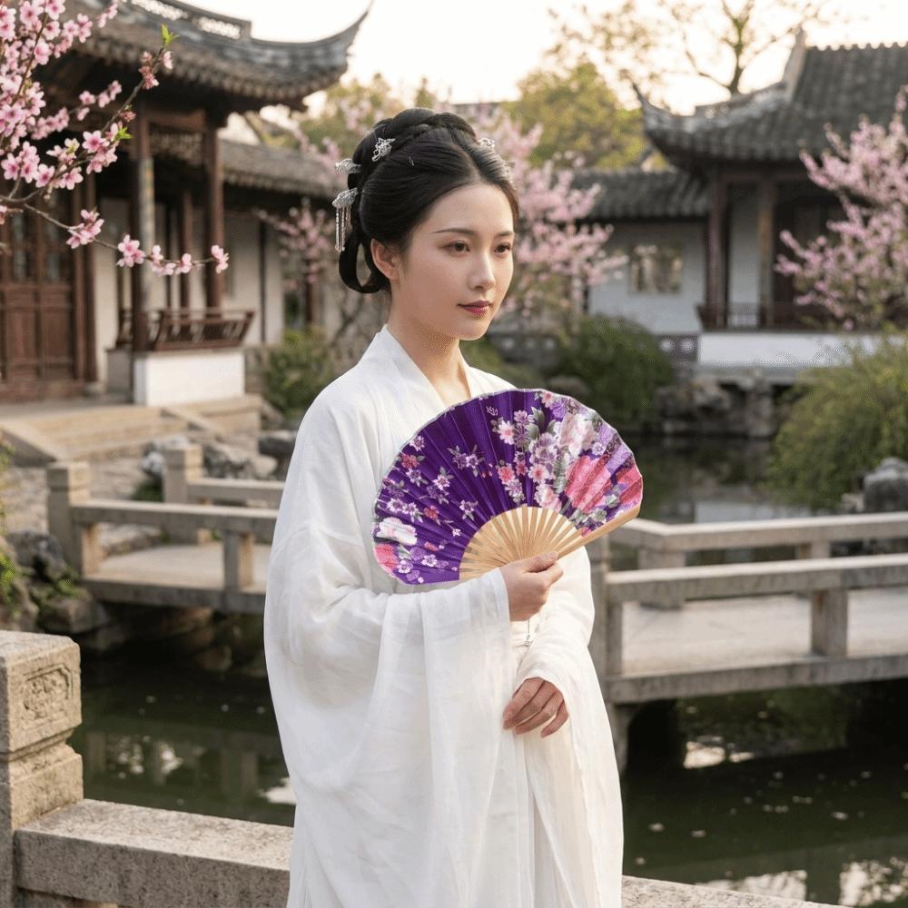 Retro Japanese Shell Folding Fan Shell Shape Flower Pattern Handheld Fan Wooden Handle Delicate Chinese Style Fan Photo Props