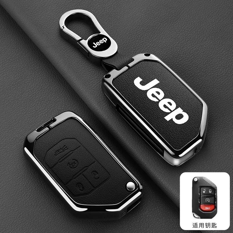 For Jeep Metal Leather Car Key Case Cover Shell Keychain for Jeep Wrangler Gladiator JL JLU Rubicon Sahara JLU JT 2018-2022 A